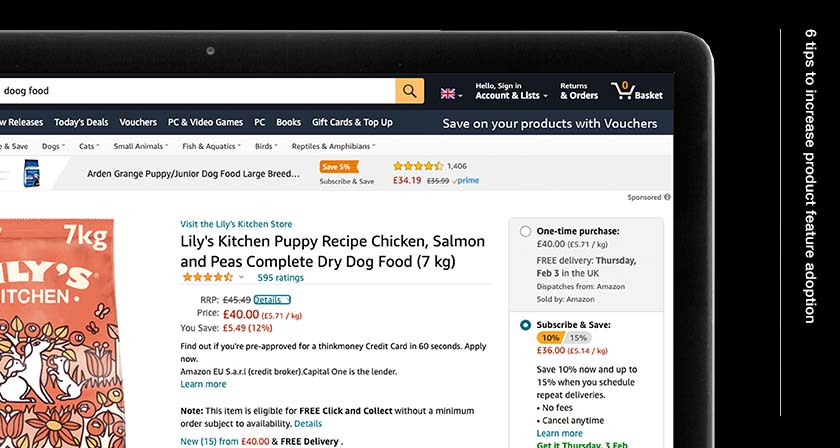 Screen showing an Amazon product page with the option to Subscribe and save in the sidebar